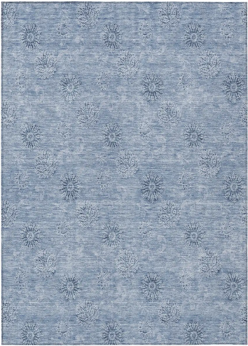 Sky Blue And Blue Floral Washable Indoor Outdoor Area Rug Photo 2