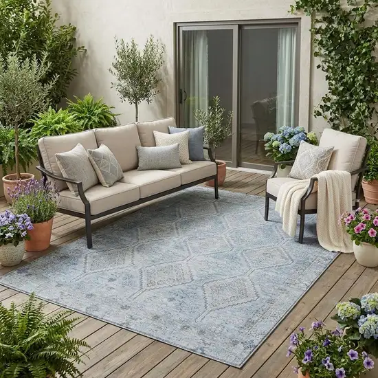 Sky Blue And Blue Geometric Washable Indoor Outdoor Area Rug Photo 1
