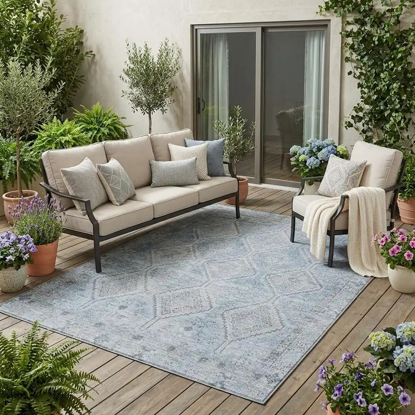 Sky Blue And Blue Geometric Washable Indoor Outdoor Area Rug Photo 1
