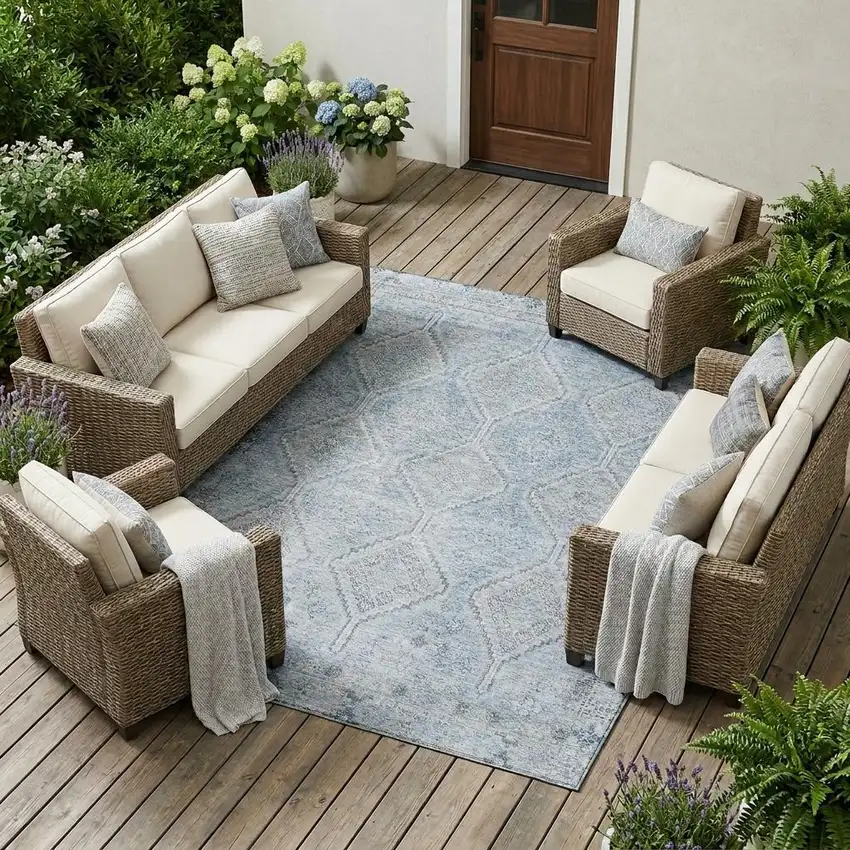 Sky Blue And Blue Geometric Washable Indoor Outdoor Area Rug Photo 1