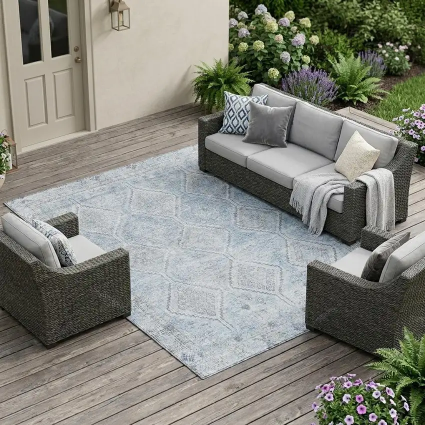 Sky Blue And Blue Geometric Washable Indoor Outdoor Area Rug Photo 1