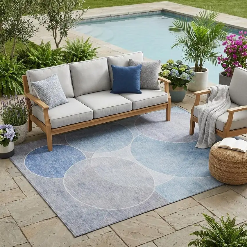 Sky Blue And Blue Geometric Washable Indoor Outdoor Area Rug Photo 1