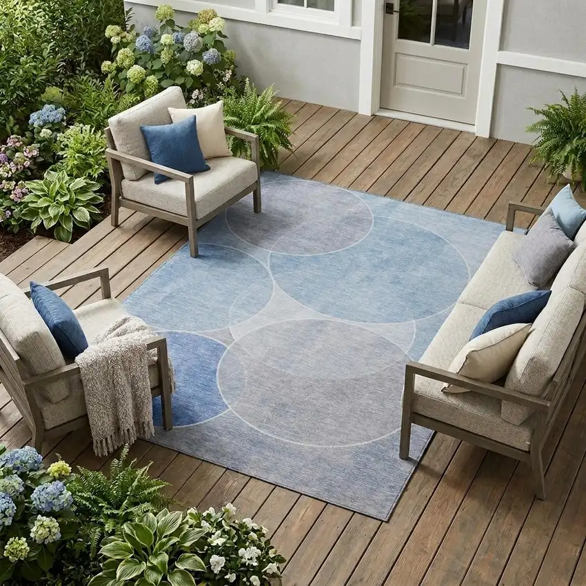 Sky Blue And Blue Geometric Washable Indoor Outdoor Area Rug Photo 1