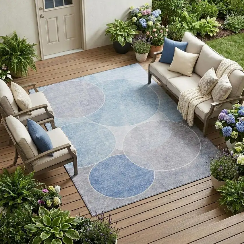 Sky Blue And Blue Geometric Washable Indoor Outdoor Area Rug Photo 1