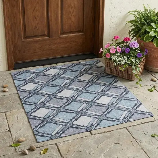 Sky Blue And Blue Geometric Washable Indoor Outdoor Area Rug Photo 1