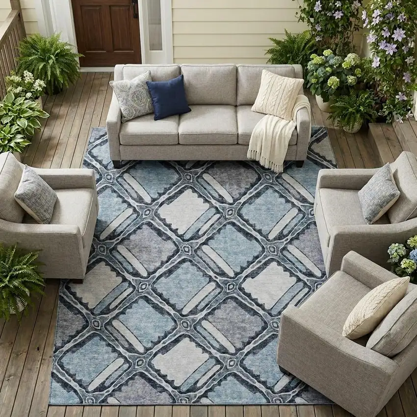 Sky Blue And Blue Geometric Washable Indoor Outdoor Area Rug Photo 1