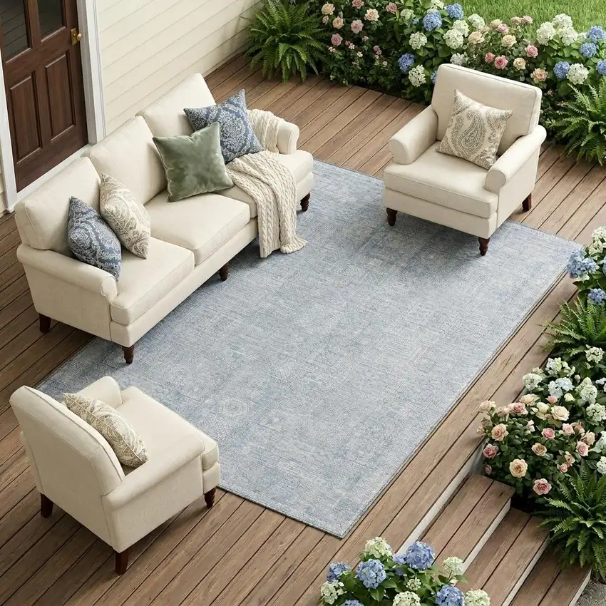 Sky Blue And Blue Oriental Washable Indoor Outdoor Area Rug Photo 1