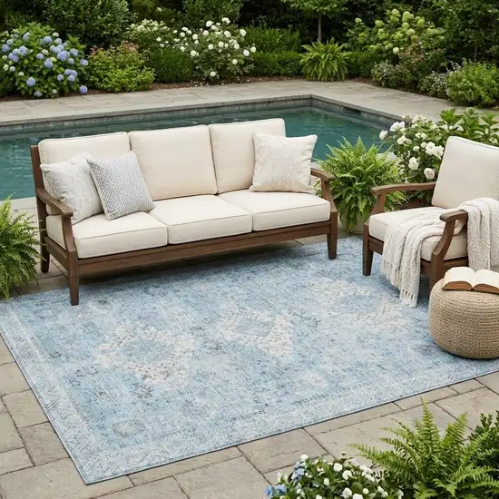 Sky Blue And Blue Oriental Washable Indoor Outdoor Area Rug Photo 1