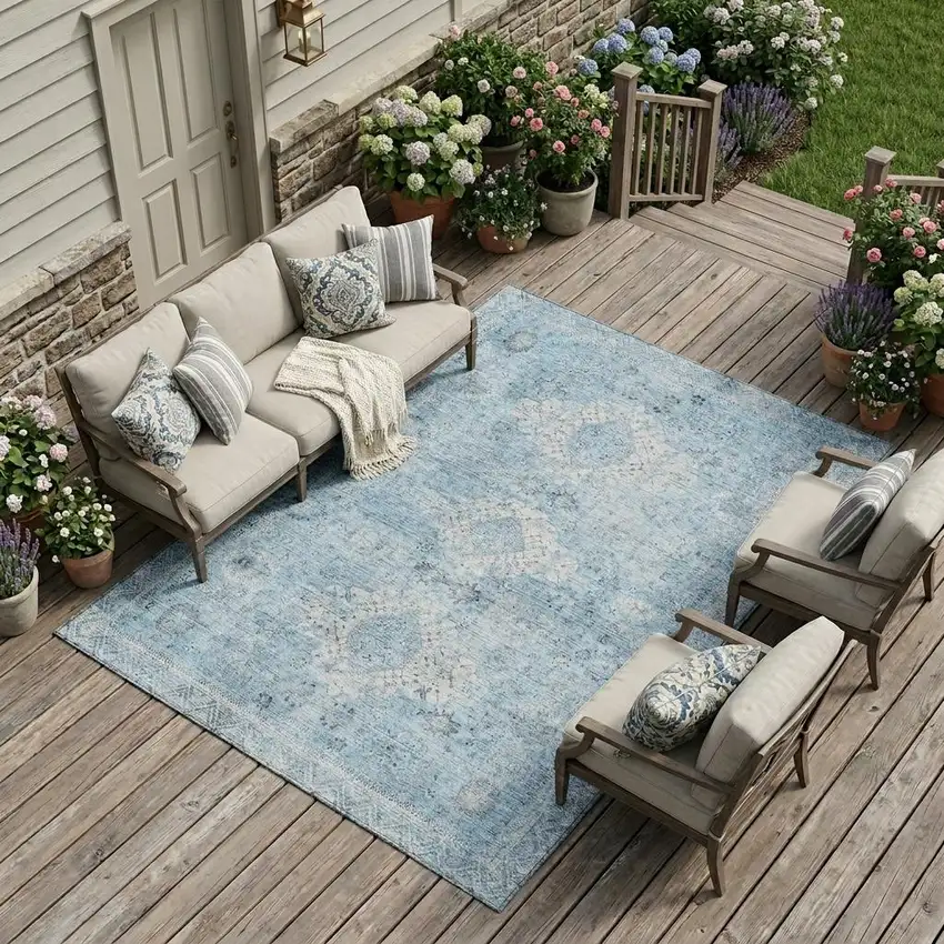 Sky Blue And Blue Oriental Washable Indoor Outdoor Area Rug Photo 1
