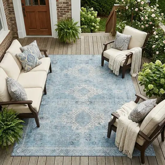 Sky Blue And Blue Oriental Washable Indoor Outdoor Area Rug Photo 1