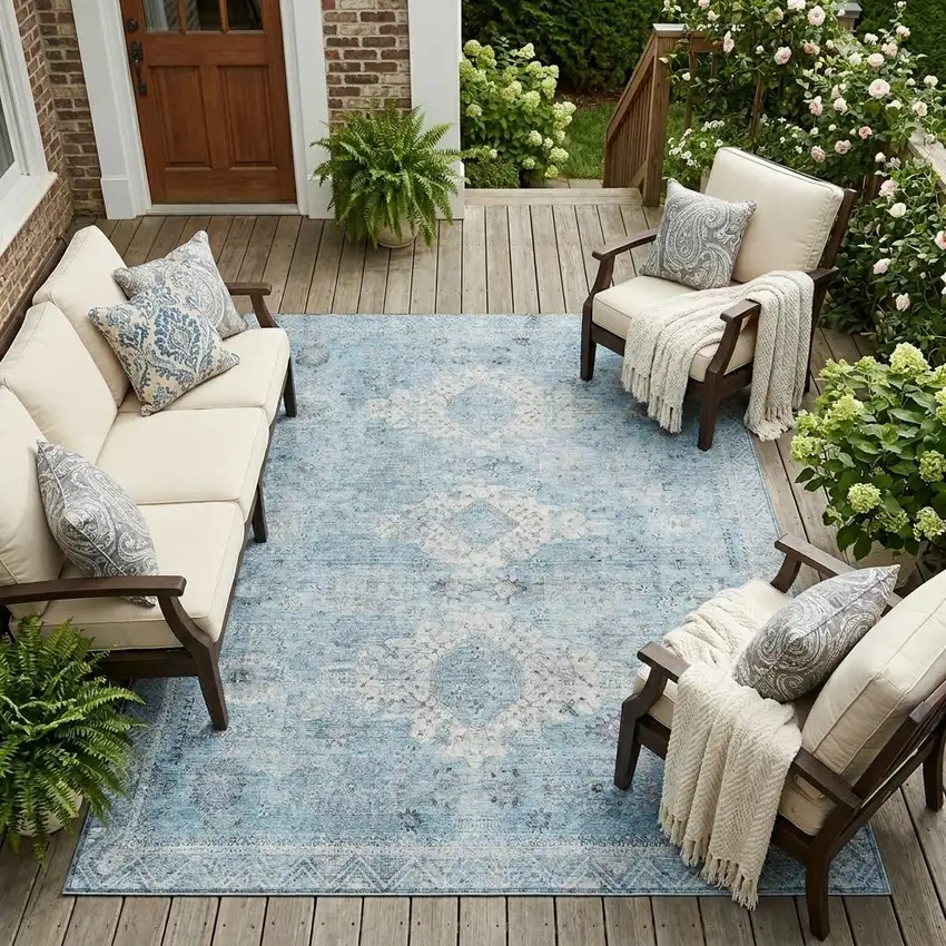 Sky Blue And Blue Oriental Washable Indoor Outdoor Area Rug Photo 1