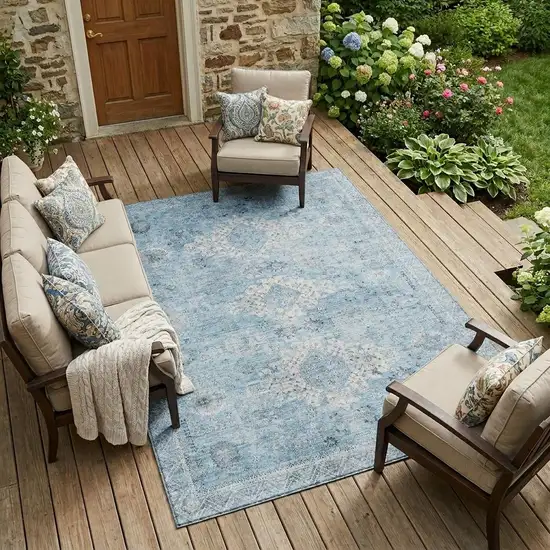 Sky Blue And Blue Oriental Washable Indoor Outdoor Area Rug Photo 1