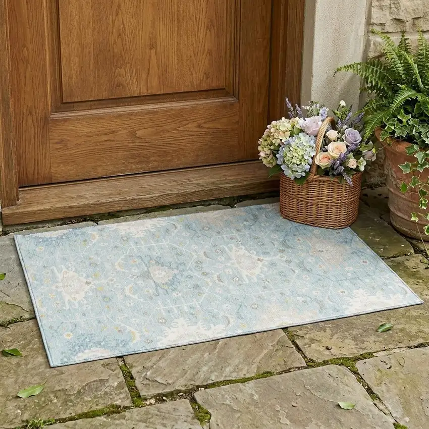 Sky Blue And Blue Oriental Washable Indoor Outdoor Area Rug Photo 1