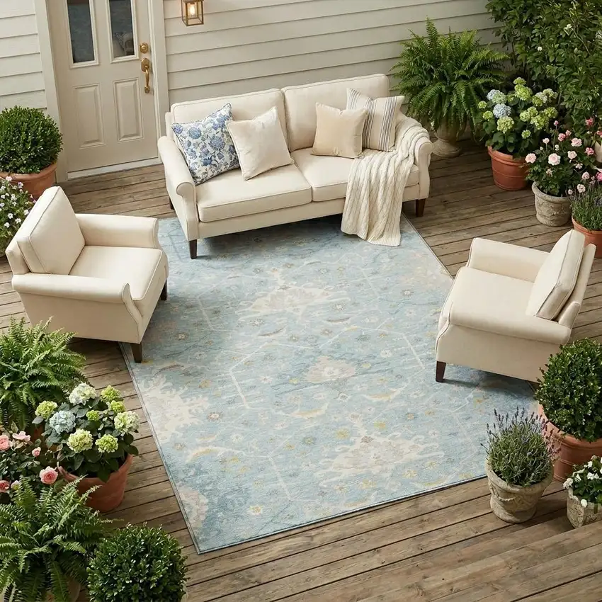 Sky Blue And Blue Oriental Washable Indoor Outdoor Area Rug Photo 1