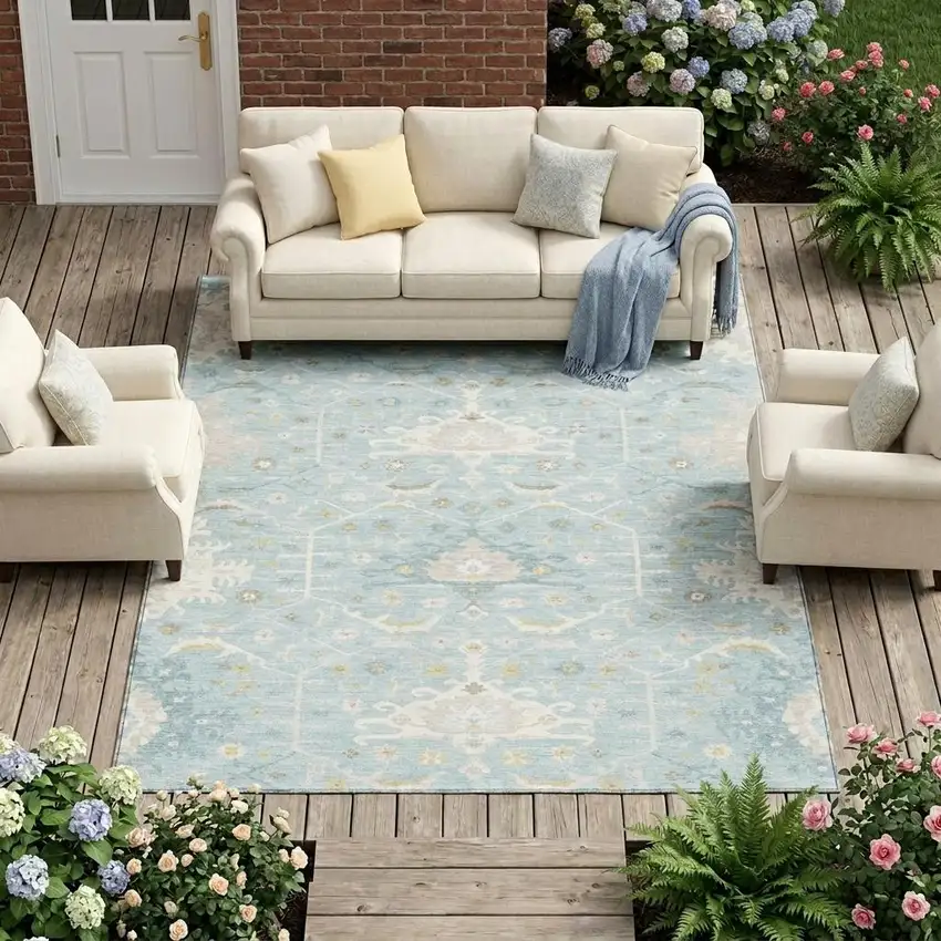 Sky Blue And Blue Oriental Washable Indoor Outdoor Area Rug Photo 1