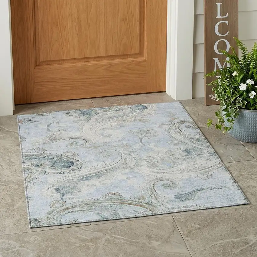Sky Blue And Blue Paisley Washable Indoor Outdoor Area Rug Photo 1