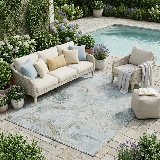 Sky Blue And Blue Paisley Washable Indoor Outdoor Area Rug Photo 1
