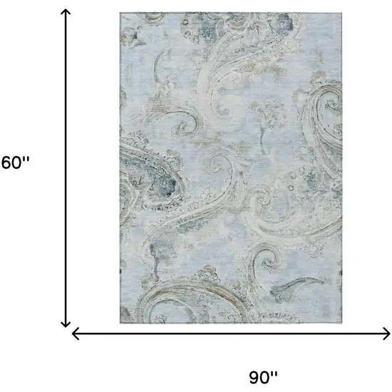 Sky Blue And Blue Paisley Washable Indoor Outdoor Area Rug Photo 7