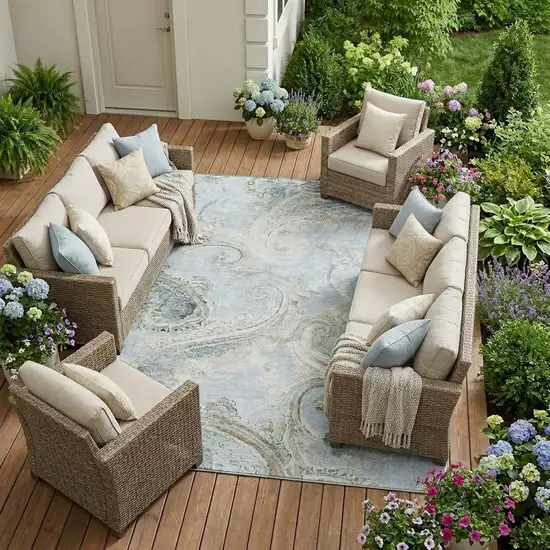 Sky Blue And Blue Paisley Washable Indoor Outdoor Area Rug Photo 1