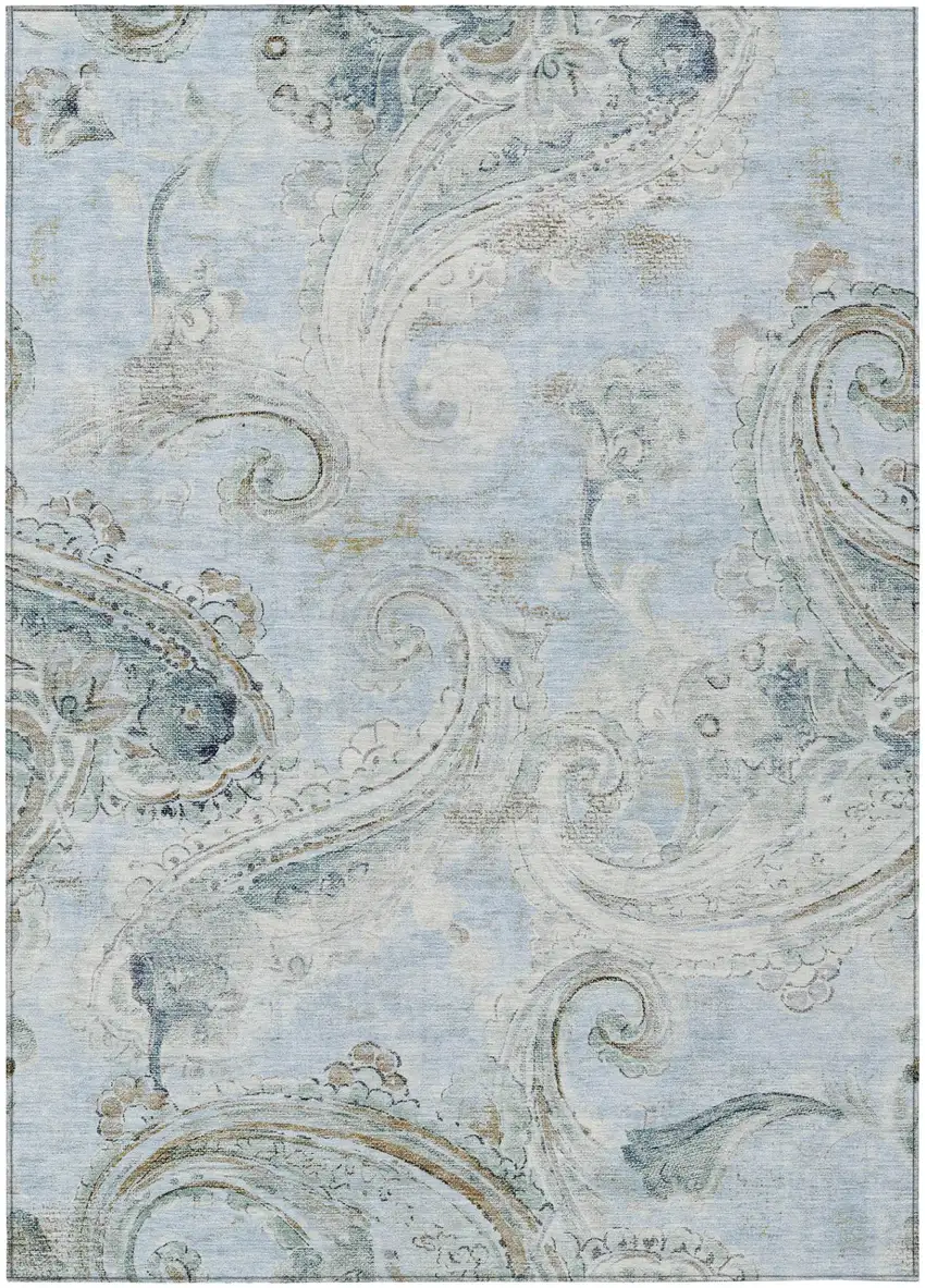 Sky Blue And Blue Paisley Washable Indoor Outdoor Area Rug Photo 2