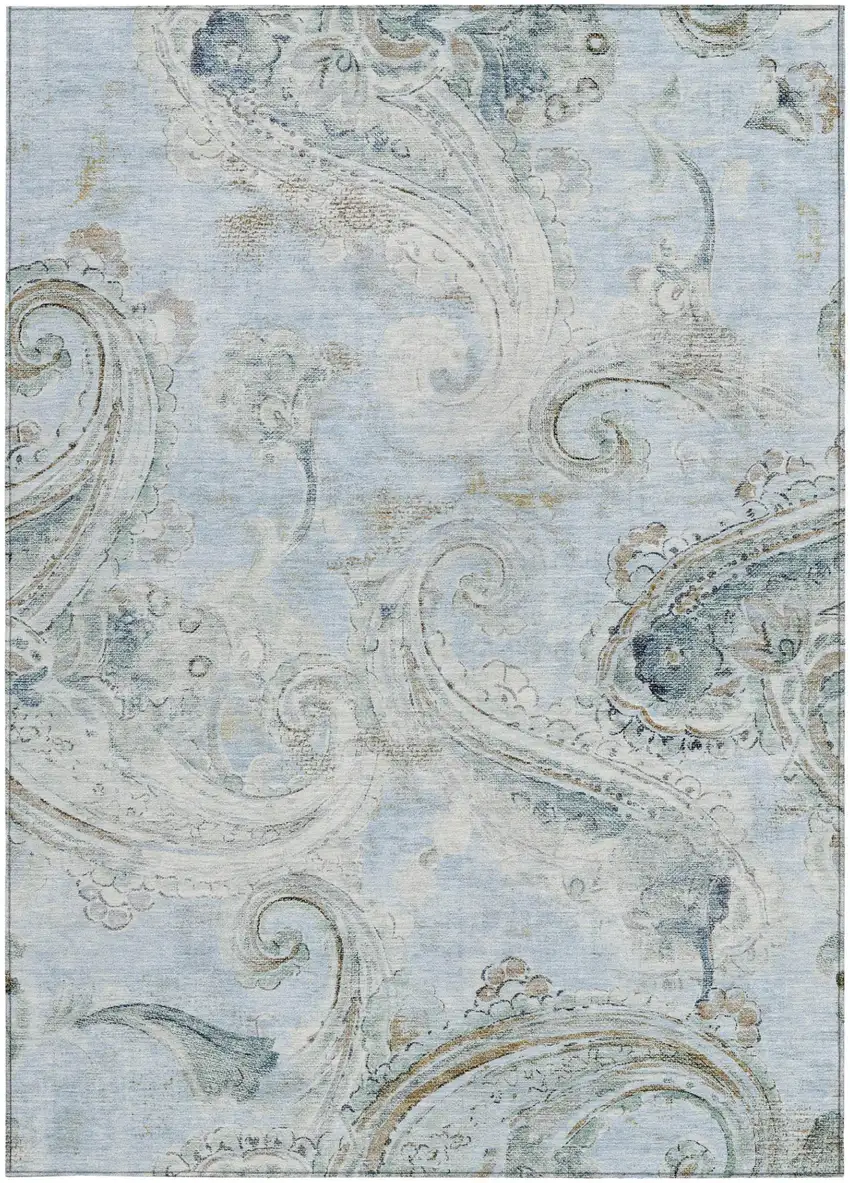 Sky Blue And Blue Paisley Washable Indoor Outdoor Area Rug Photo 4