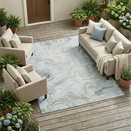 Sky Blue And Blue Paisley Washable Indoor Outdoor Area Rug Photo 1