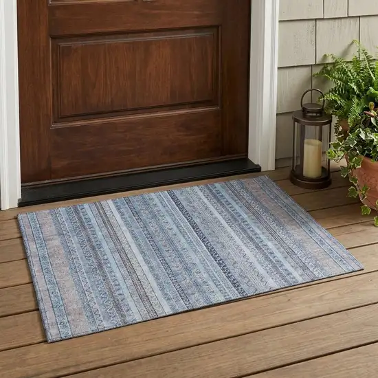 Sky Blue And Blue Striped Washable Indoor Outdoor Area Rug Photo 1