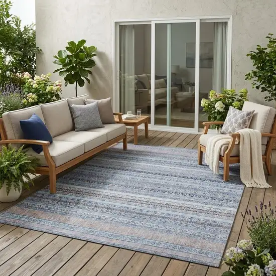 Sky Blue And Blue Striped Washable Indoor Outdoor Area Rug Photo 1