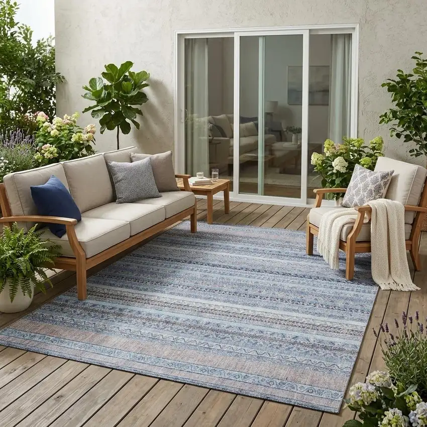 Sky Blue And Blue Striped Washable Indoor Outdoor Area Rug Photo 1