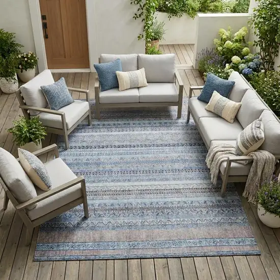Sky Blue And Blue Striped Washable Indoor Outdoor Area Rug Photo 1