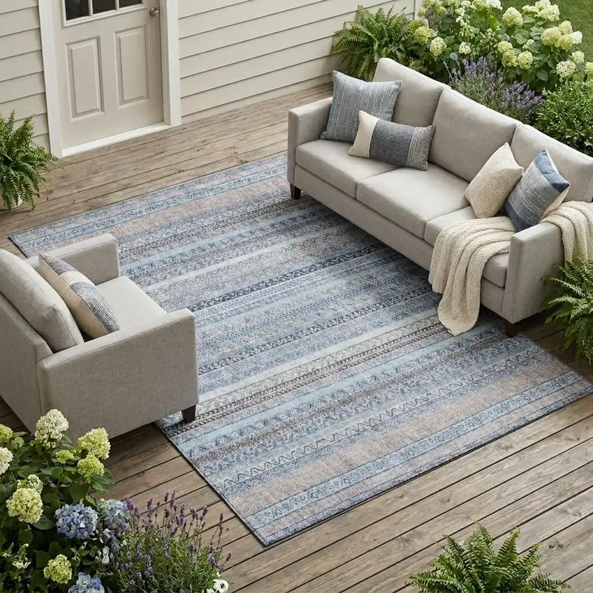 Sky Blue And Blue Striped Washable Indoor Outdoor Area Rug Photo 1