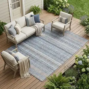 Photo of Sky Blue And Blue Striped Washable Indoor Outdoor Area Rug