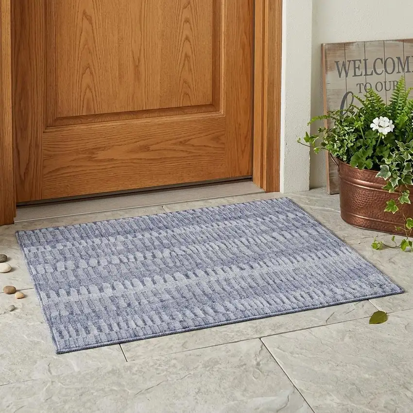 Sky Blue And Blue Striped Washable Indoor Outdoor Area Rug Photo 1