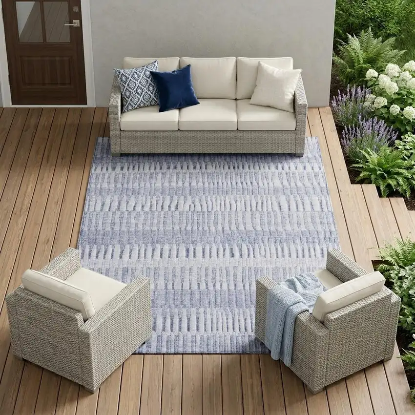 Sky Blue And Blue Striped Washable Indoor Outdoor Area Rug Photo 1