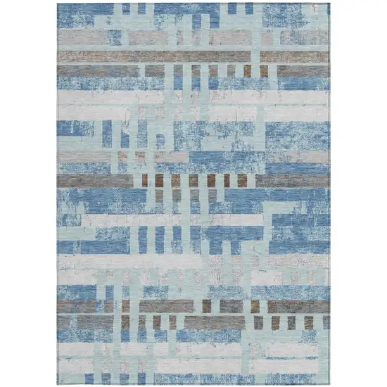 Sky Blue And Blue Striped Washable Indoor Outdoor Area Rug Photo 3