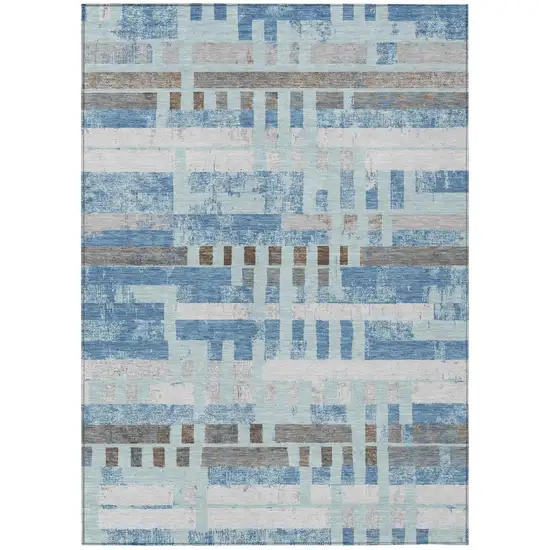 Sky Blue And Blue Striped Washable Indoor Outdoor Area Rug Photo 2