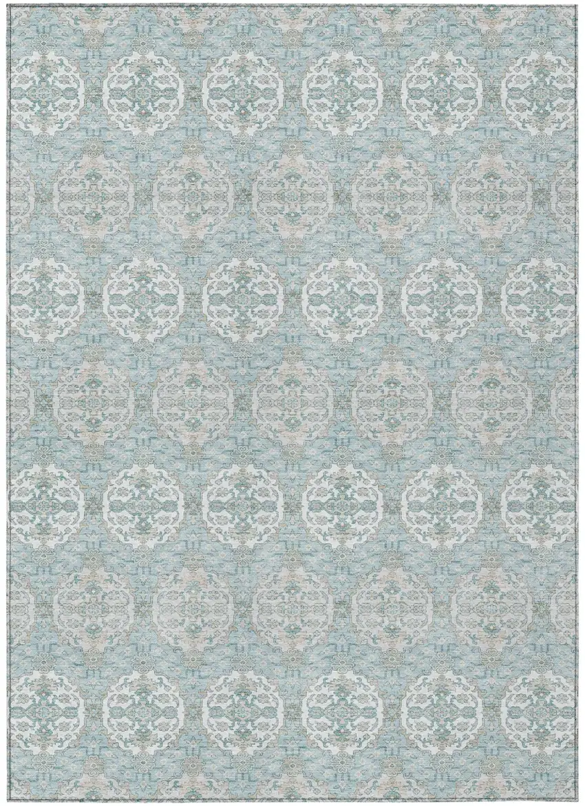 Sky Blue And Blue Striped Washable Indoor Outdoor Area Rug Photo 1