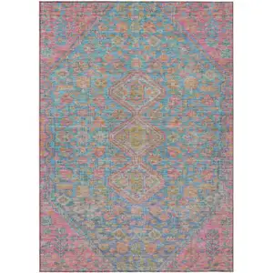 Photo of Sky Blue And Blush Aztec Washable Indoor Outdoor Area Rug