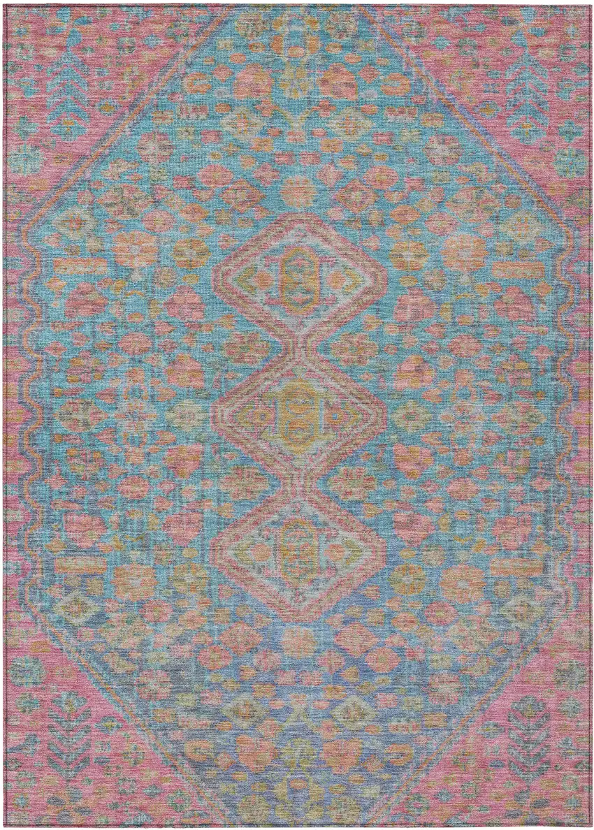 Sky Blue And Blush Aztec Washable Indoor Outdoor Area Rug Photo 1