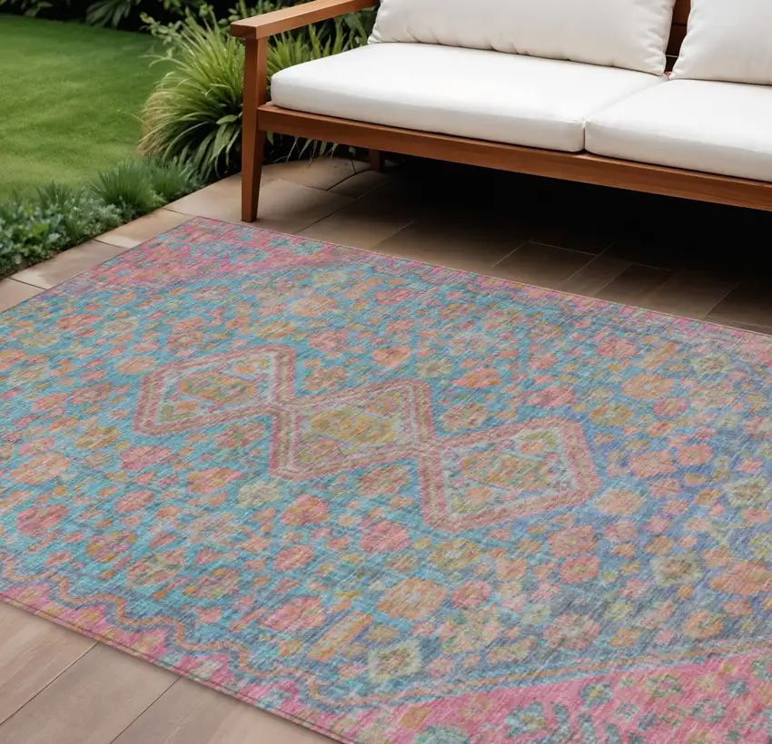 Sky Blue And Blush Aztec Washable Indoor Outdoor Area Rug Photo 2