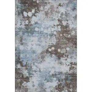 Photo of Sky Blue And Brown Abstract Washable Area Rug With UV Protection