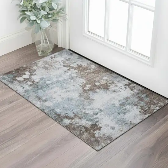 Sky Blue And Brown Abstract Washable Area Rug With UV Protection Photo 2
