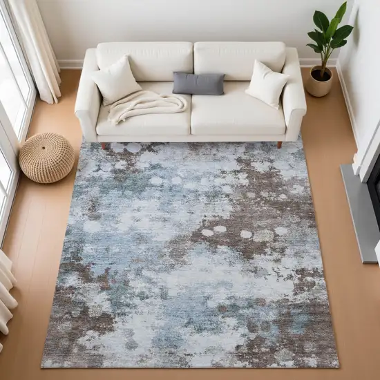 Sky Blue And Brown Abstract Washable Area Rug With UV Protection Photo 5