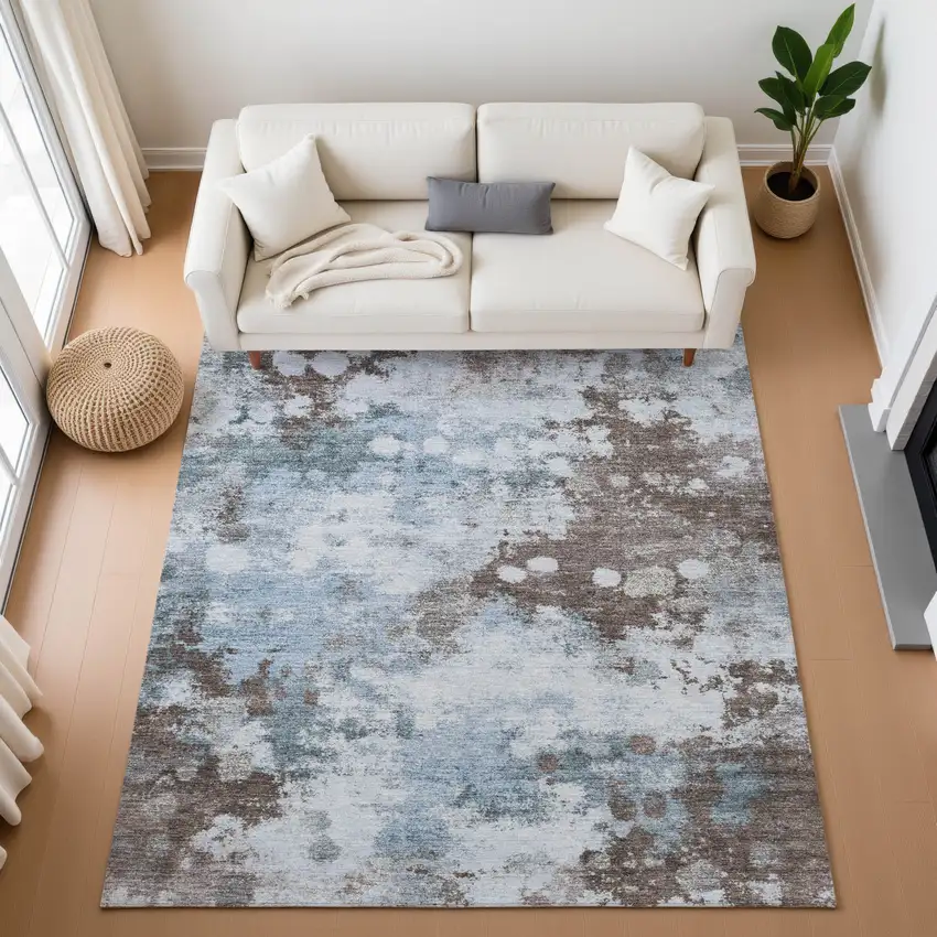 Sky Blue And Brown Abstract Washable Area Rug With UV Protection Photo 5