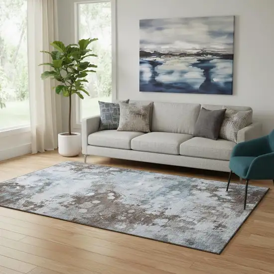 Sky Blue And Brown Abstract Washable Area Rug With UV Protection Photo 2