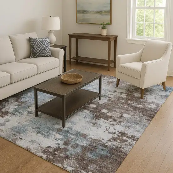 Sky Blue And Brown Abstract Washable Area Rug With UV Protection Photo 5