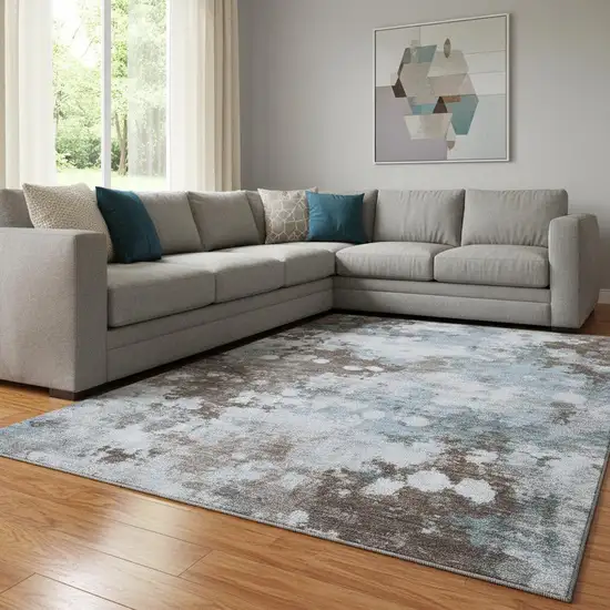 Sky Blue And Brown Abstract Washable Area Rug With UV Protection Photo 2