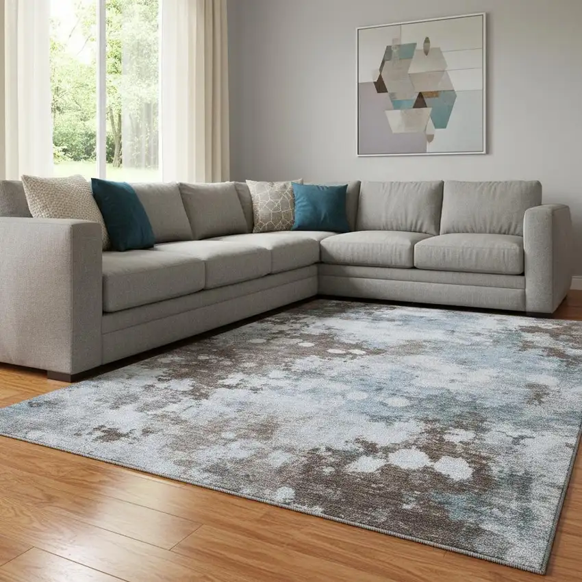 Sky Blue And Brown Abstract Washable Area Rug With UV Protection Photo 2