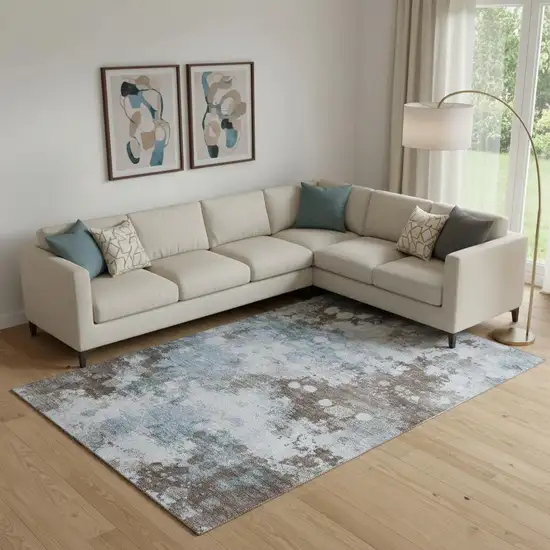 Sky Blue And Brown Abstract Washable Area Rug With UV Protection Photo 2