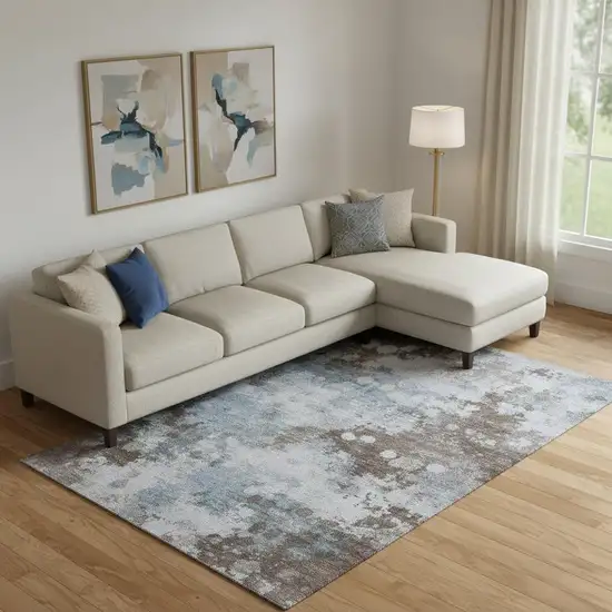 Sky Blue And Brown Abstract Washable Area Rug With UV Protection Photo 2